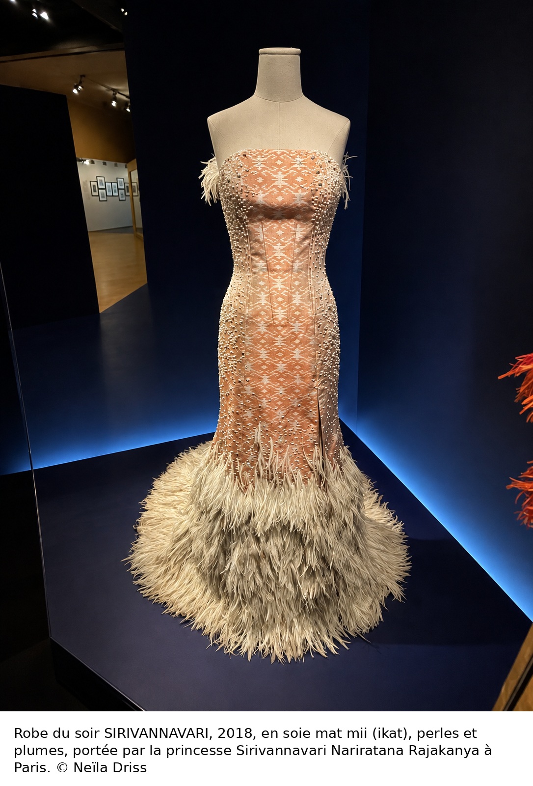 Robe du soir SIRIVANNAVARI de 2018 en soie mat mii, perles et plumes, portée par la princesse Sirivannavari à Paris.